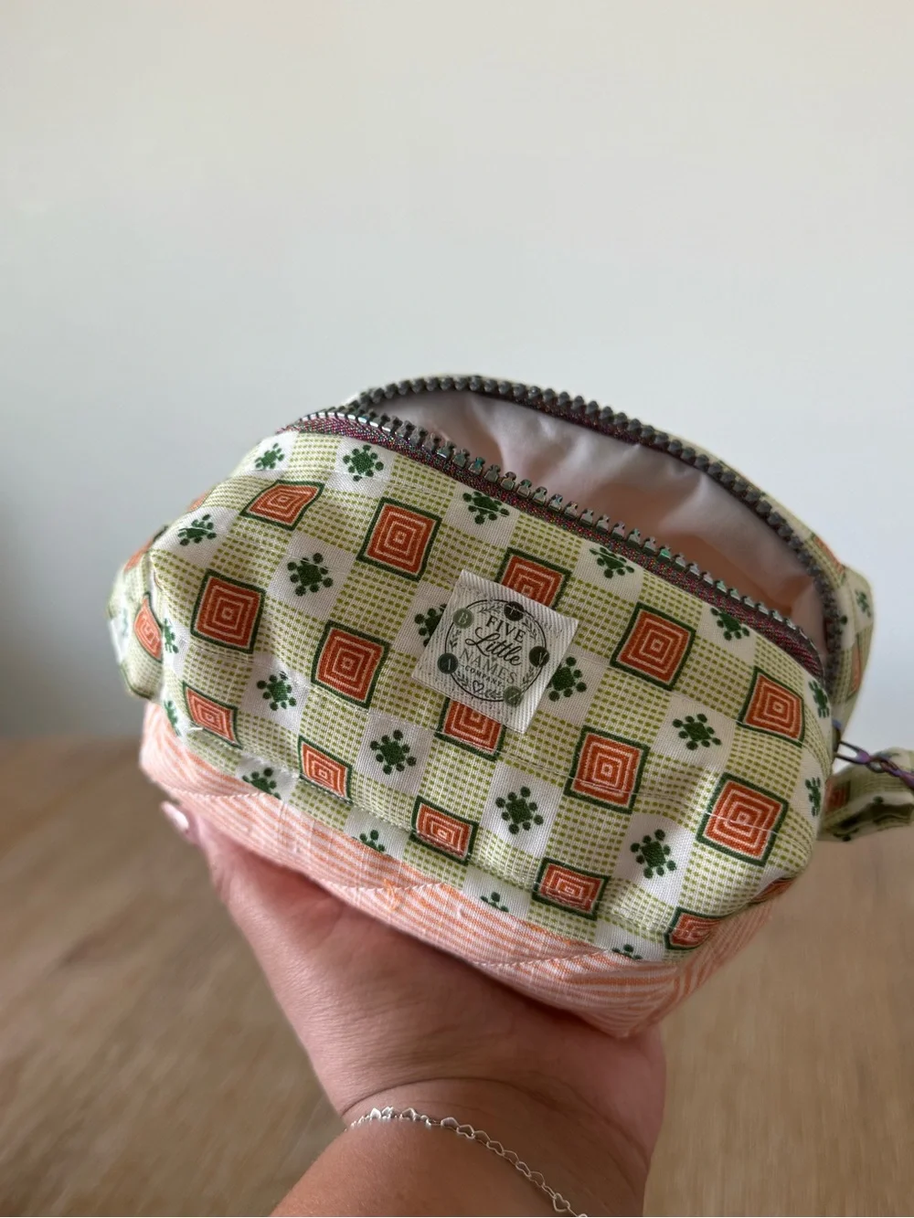 Patterned Cosmetic Pouch in Cream and Orange - Small